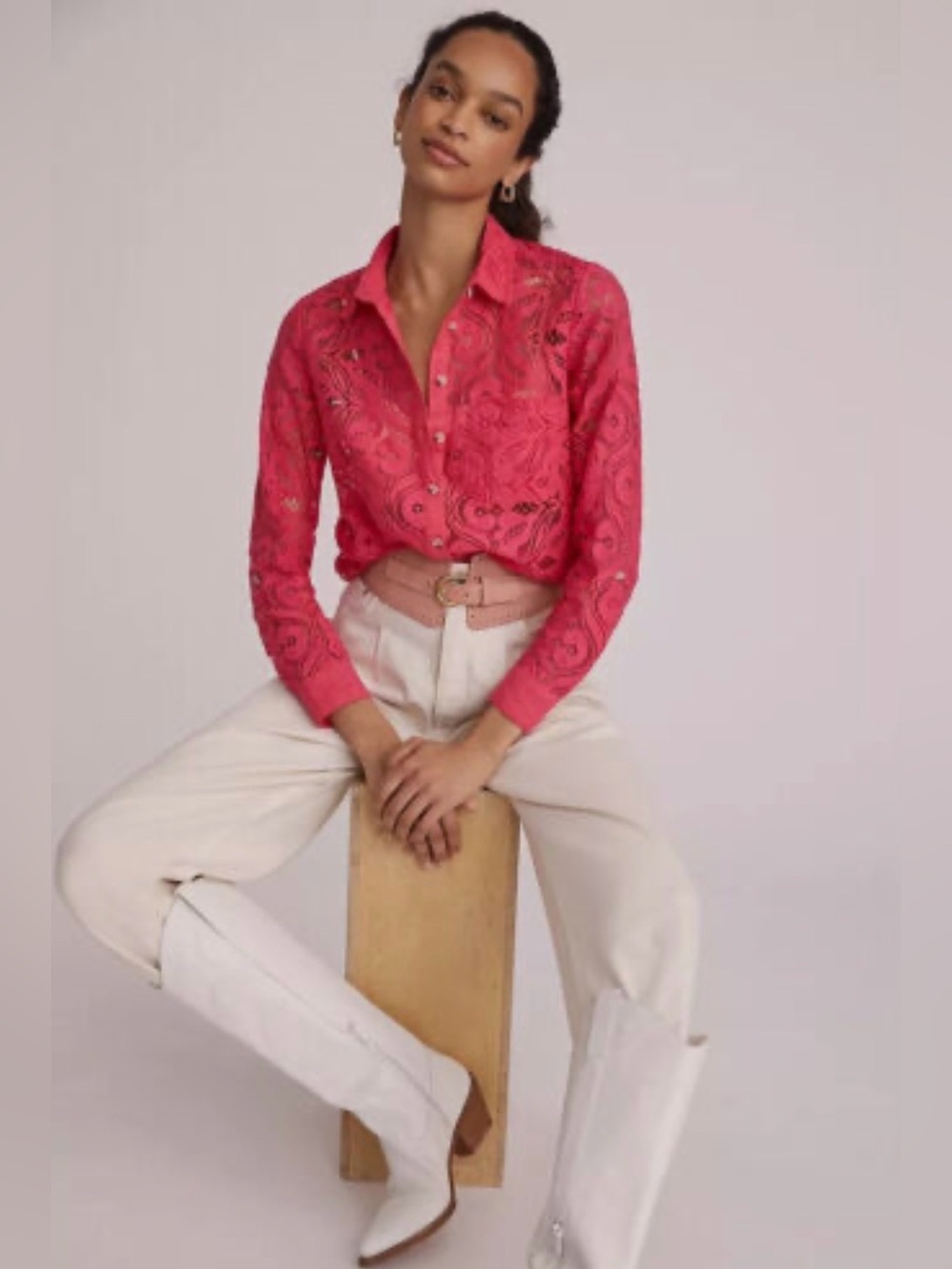 Maeve Anthropologie Pink Floral Lace Button Down Blouse Shirt Size 8